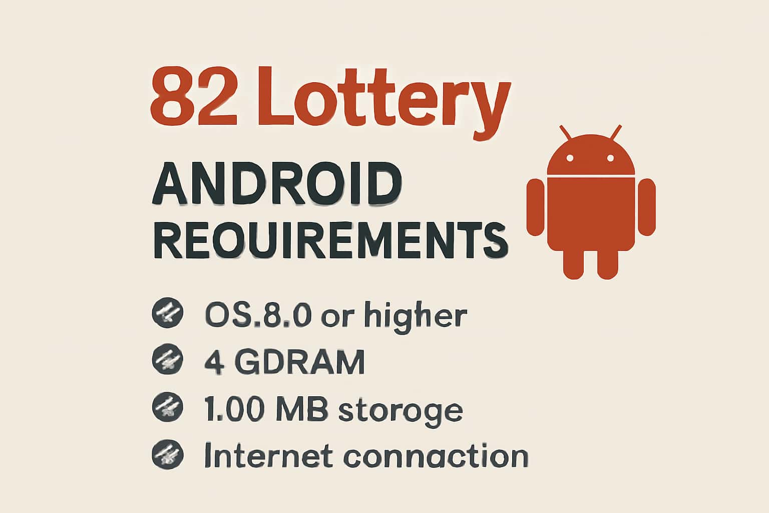 Informational scene displaying 82 Lottery Android Requirements.